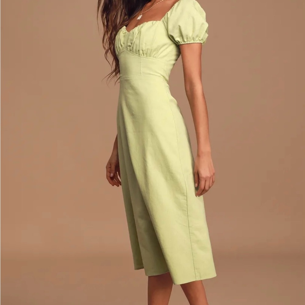 Lulus Dream of Love Sage Green Puff Sleeve Smocked Midi Dress